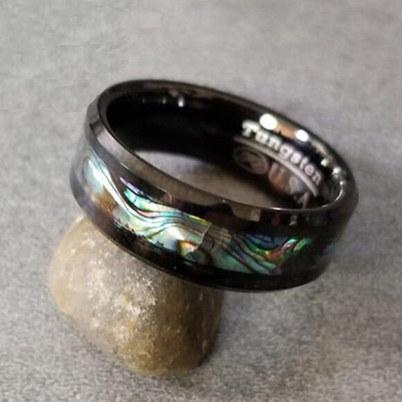 Men's Real Black Tungsten Promise Ring With Abalone Shell Inlay - Picture 8 of 11